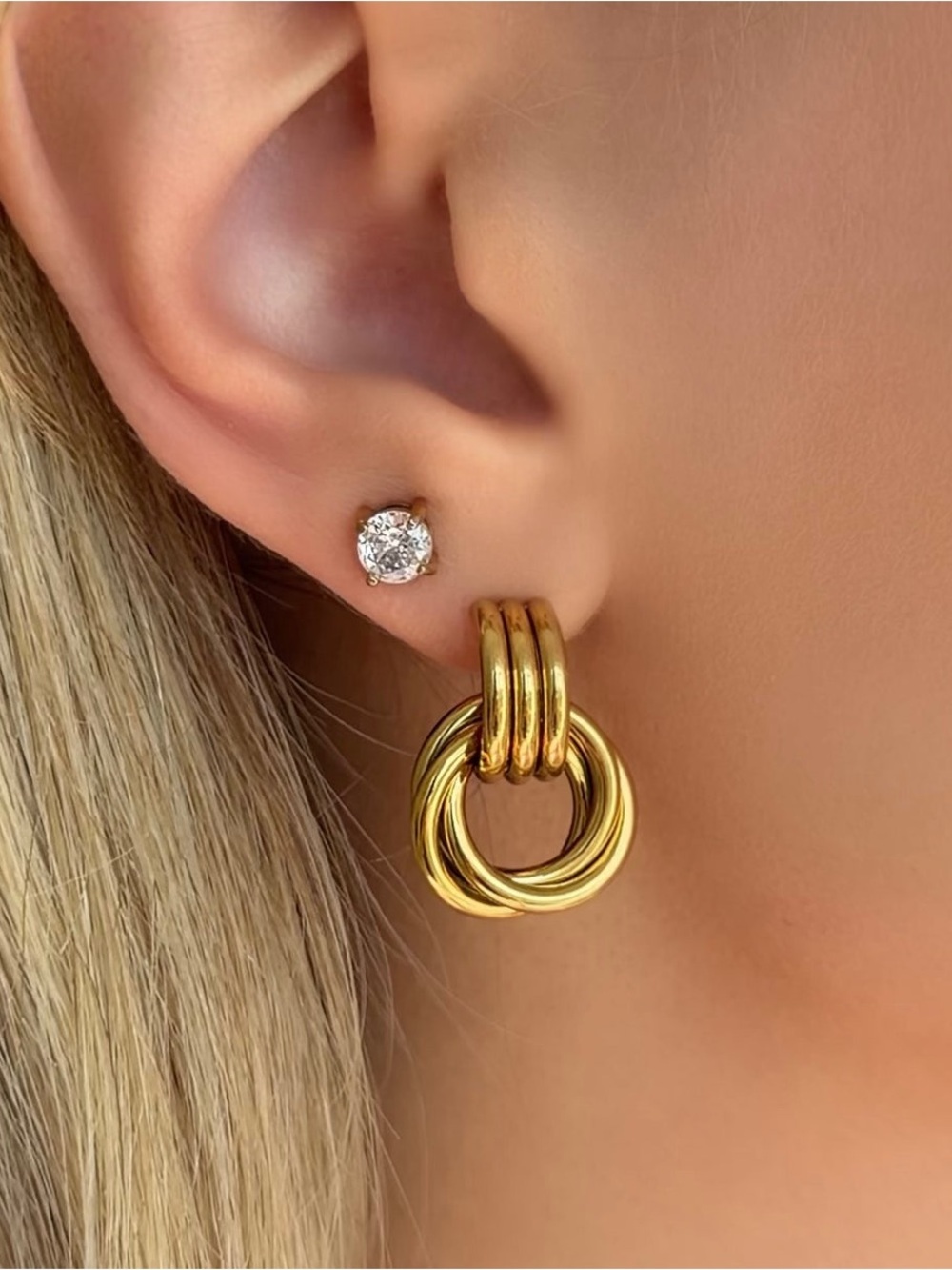 Gold Interlocking Hoop Drop Earrings - Women Jewelry 18K Real Gold Plated